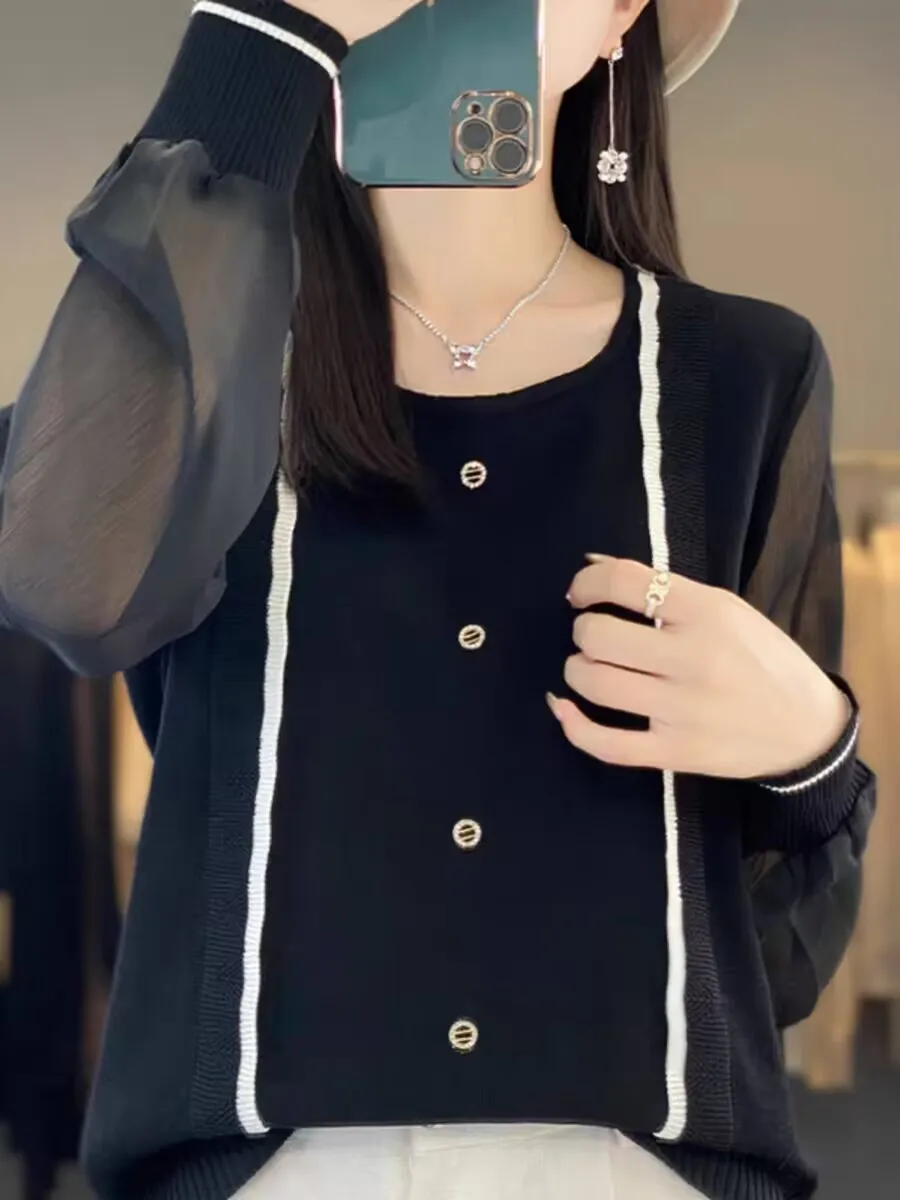 Женский шифоновый пуловер Свободный с круглым вырезом и рукавами-фонариками на