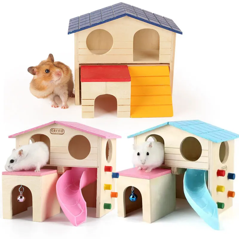 

Pets Hamster House Cages Small Animal Hideout with Funny Climbing Ladder Slide Wooden Hut Play Toys Chews for Hamster Mouse