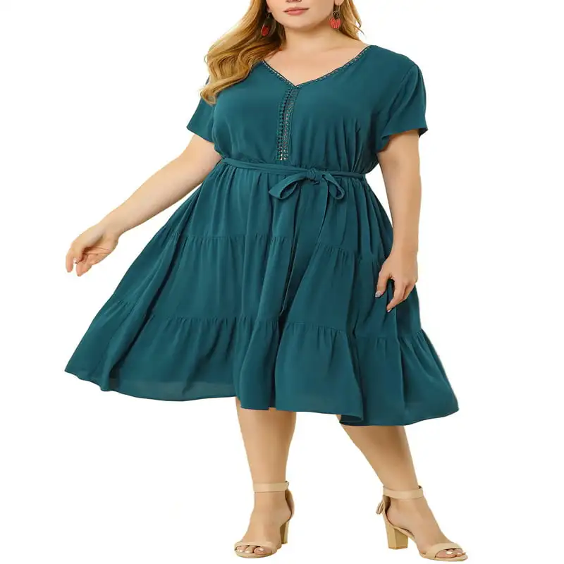 

Plus Size Summer V Neck Tie Waist Prom Formal Midi Dress