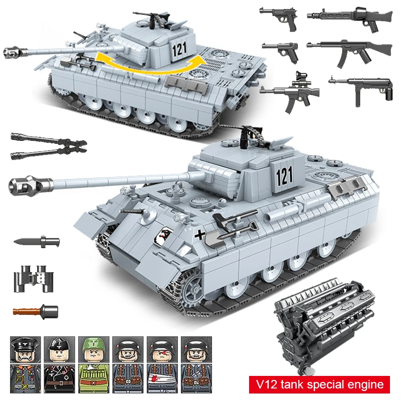 

Military Tanks Panther 121 Main Battle Tank Model Building Blocks Toy WW2 Soldier Police Army Weapons Bricks Children Toys Gifts