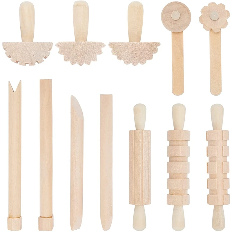 

12Pcs Clay And Dough Tools Play Accessories Includes Rollers Hammer Party Pack Wood Pottery Tools Stamps For Clay Art