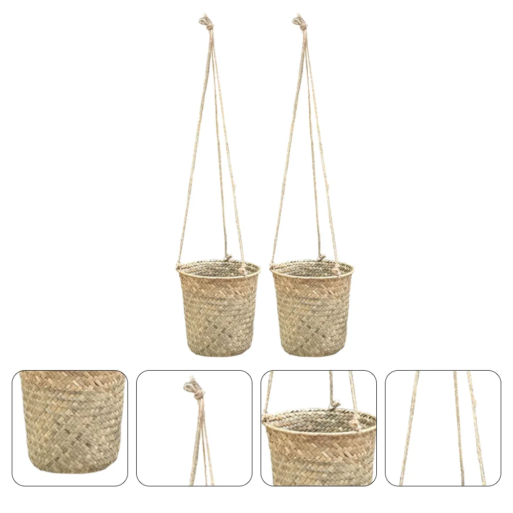 

Flower Basket Hanging Woven Wall Planter Rattan Pot Rope Weaving Seagrass Arrangement Hand Holder Jute Straw Pots Storage