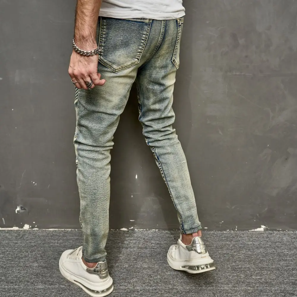 Men Jeans Ripped Pleated Elastic Casual Trousers Hip Hop Pencil Pants High Street Hip Hop Korean Patchwork Vintage  Retro Jeans