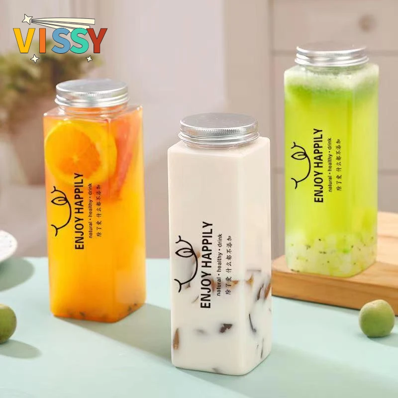 500ml PET Cute Milk Tea Cups with Lid 500ml Square Bottle Cup Customized Beverage Tea Candy Storage Jar Party Decor Supply