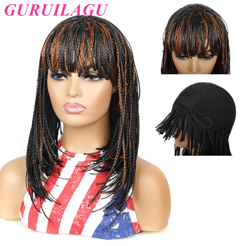 Парик из синтетических волос GURUILAGU для женщин, косички "бокс-брейд", короткий боб с челкой, черный/коричневый, африканский стиль.