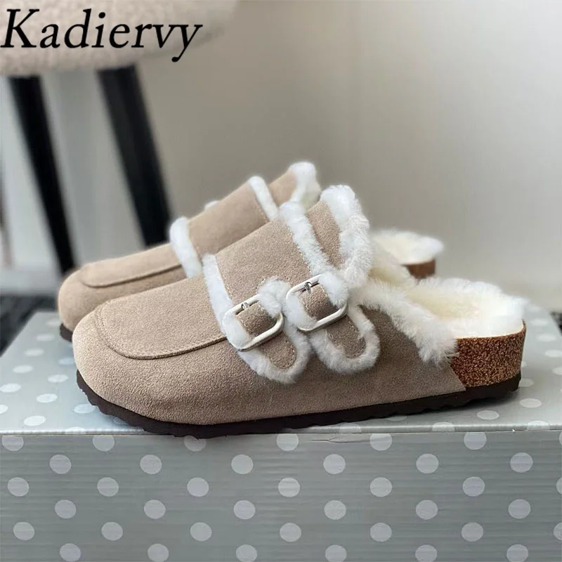 Женские замшевые шлепанцы круглый носок металлическая пряжка сланцы шерстяная
