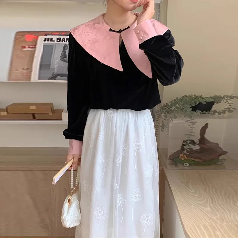 Новинка Вельветовая рубашка Neploe в китайском стиле с воротником Питер Пэн для