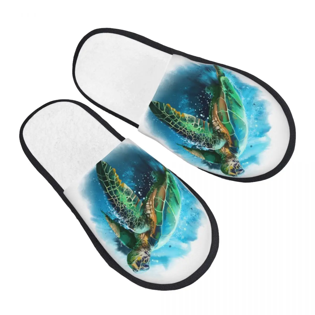 

Winter Women Men Non-Slip Flat Slippers Watercolor Big Sea Turtle Painting Indoor Fur Soft Warm Shoes
