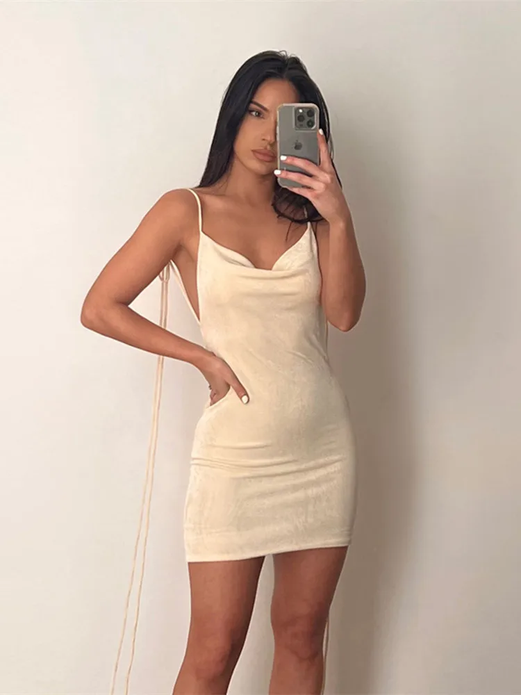 

2022 Sexy Elegant Spaghetti Strap Draped Mini Dress For Women Outfit Sleeveless Backless Party Club Dresses Robe Summer