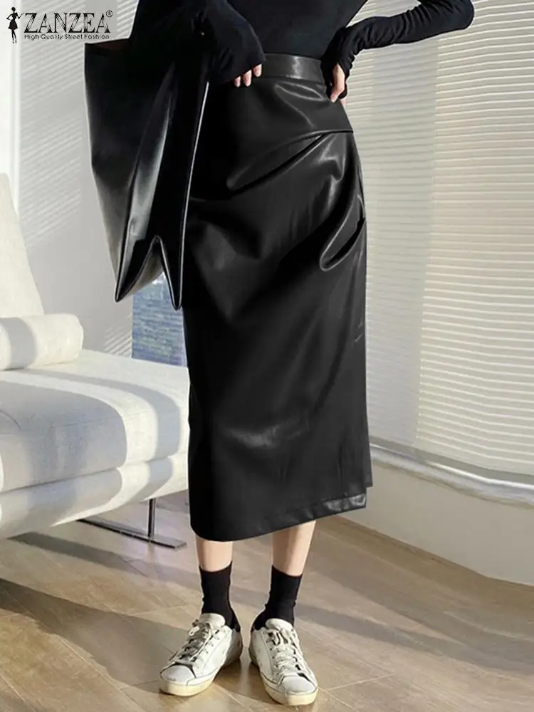 

Elegant High Waist Midi Skirt ZANZEA Fashion Women PU Leather Skirts 2022 Autumn Korean Style Faldas Casual Sheath Pleated Jupes