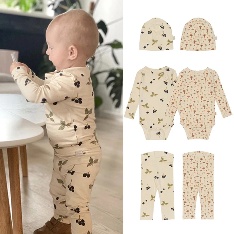 

Kids Baby Printed Clothing Set Cotton Boy Girl Caps Spring Long Sleeve Bodysuit Romper Tops And Pants 2Pcs Infant Home Clothes