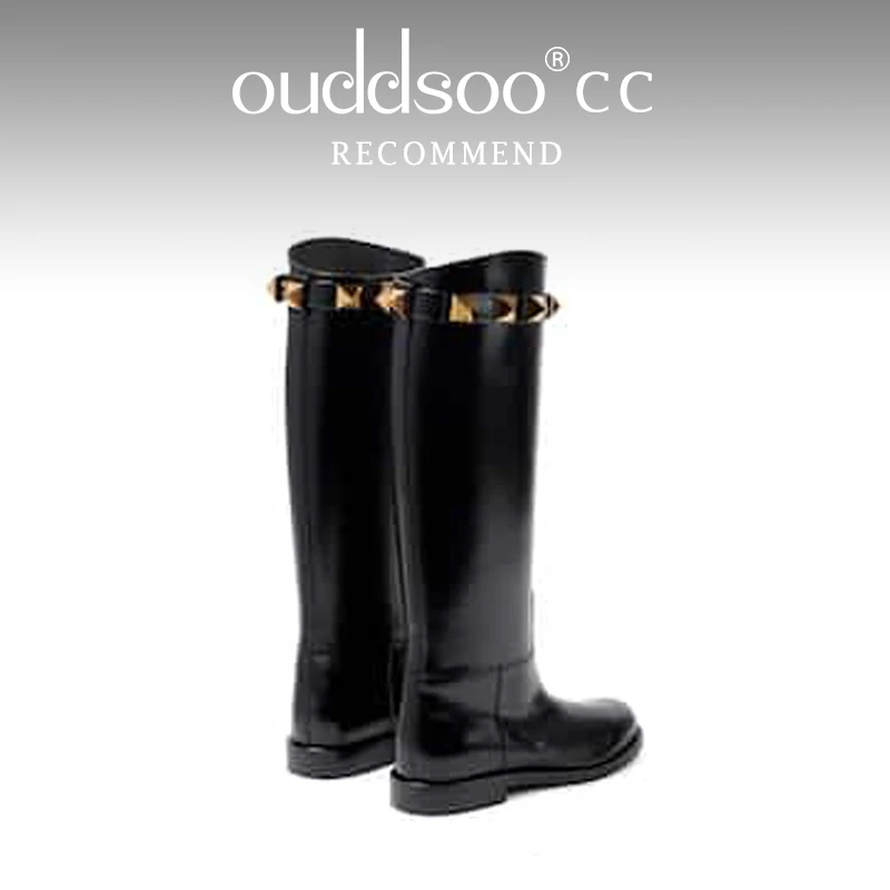 ODS Women Fall New Stud Black Leather Flat Knee High Boots Round Toe Rivets Solid Color Tall Luxury Designer Shoes Winter 414346