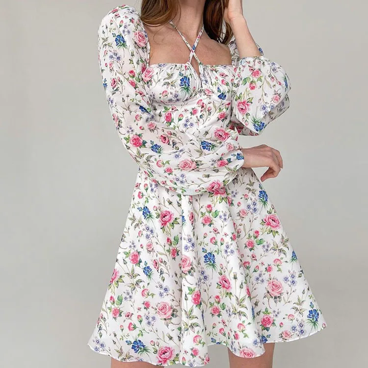 

2022 Summer Women's Cross Halter Strap Sweet Floral Short Dresses Fashion Korean Square Neck Long Sleeve Dress Elegant Bohemia