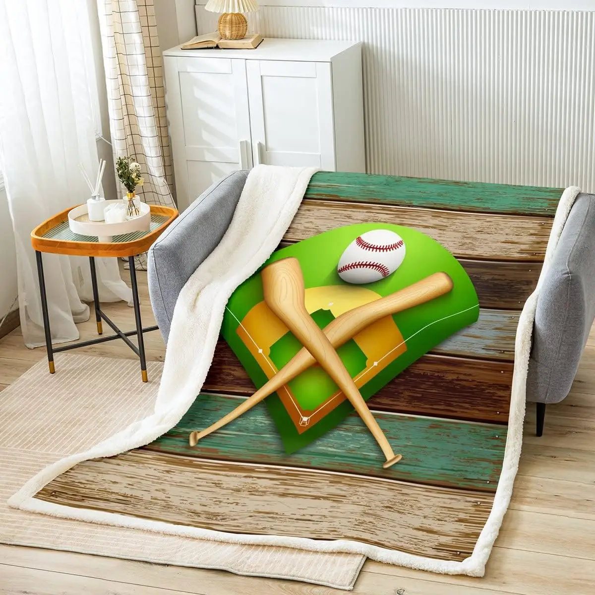 

Boys Baseball Fleece Blanket,Ball Sports Games Themed Throw Blanket for Adult Man,Vintage Rustic Brown Wooden Board