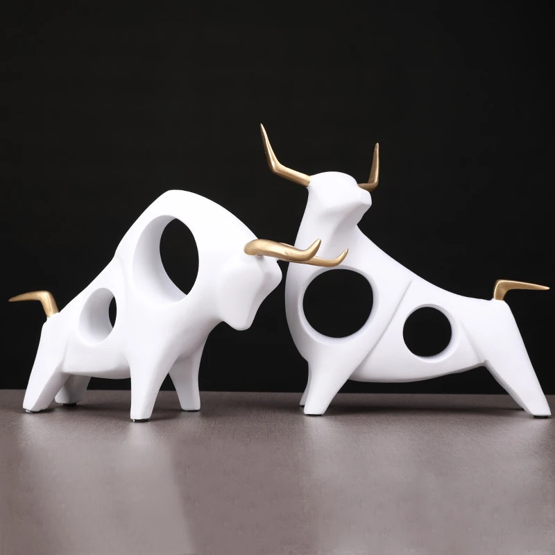 

1 Pair 3D Bull Statue Home Decor Figurine Animal Abstract Sculpture Modern Room Table Decoration Art Decorative Resin Statues