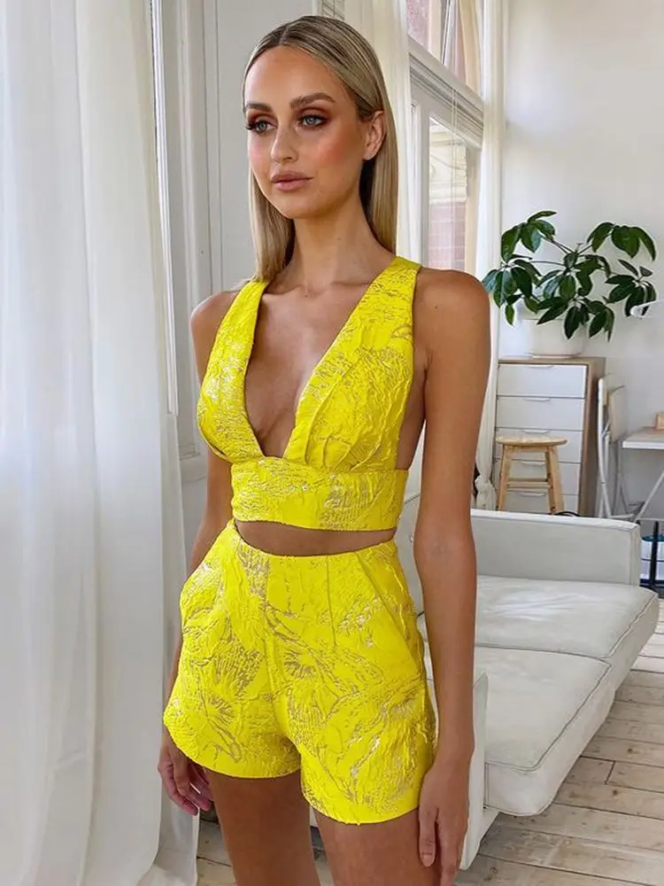 Sexy Yellow V-Neck Sleeveless 2 Piece sets  Top and Shorts Elegant Design Backless Club Club Party Women Outfit 2022 Summer set