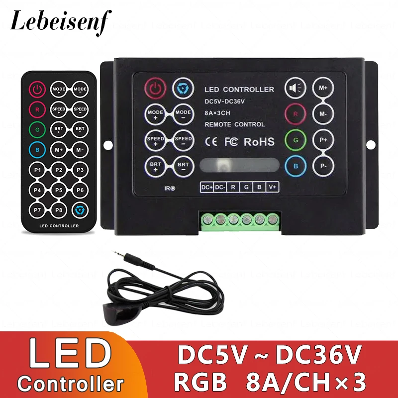 

LED 0-100% Dimmer DC 5V 12V 24V 36V 24A High Power Constant Voltage RGB Light Strip Controller 8A 3CH with IR Wireless Remote