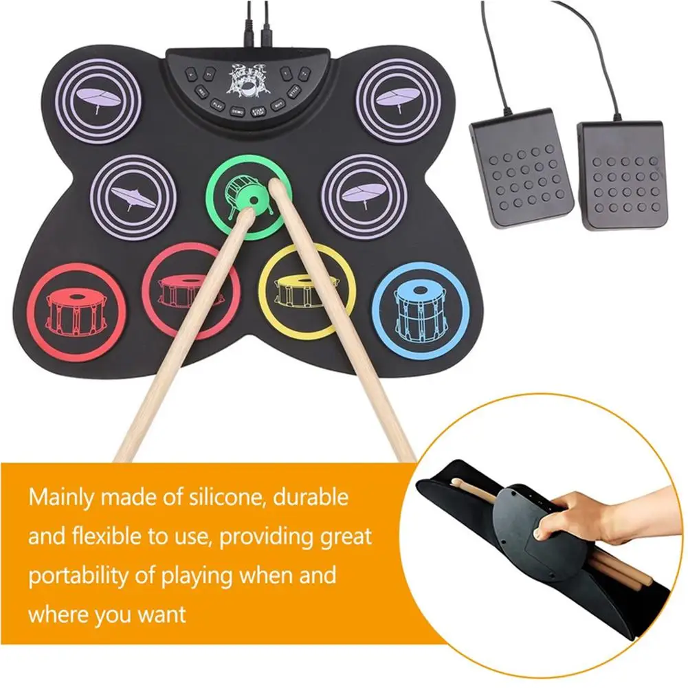 

Portable Foldable Electronic Drum Kit USB Hand-rolled Drum With 9 Drum Pad Sets Foot Pedal Drumsticks For Beginners Practicing