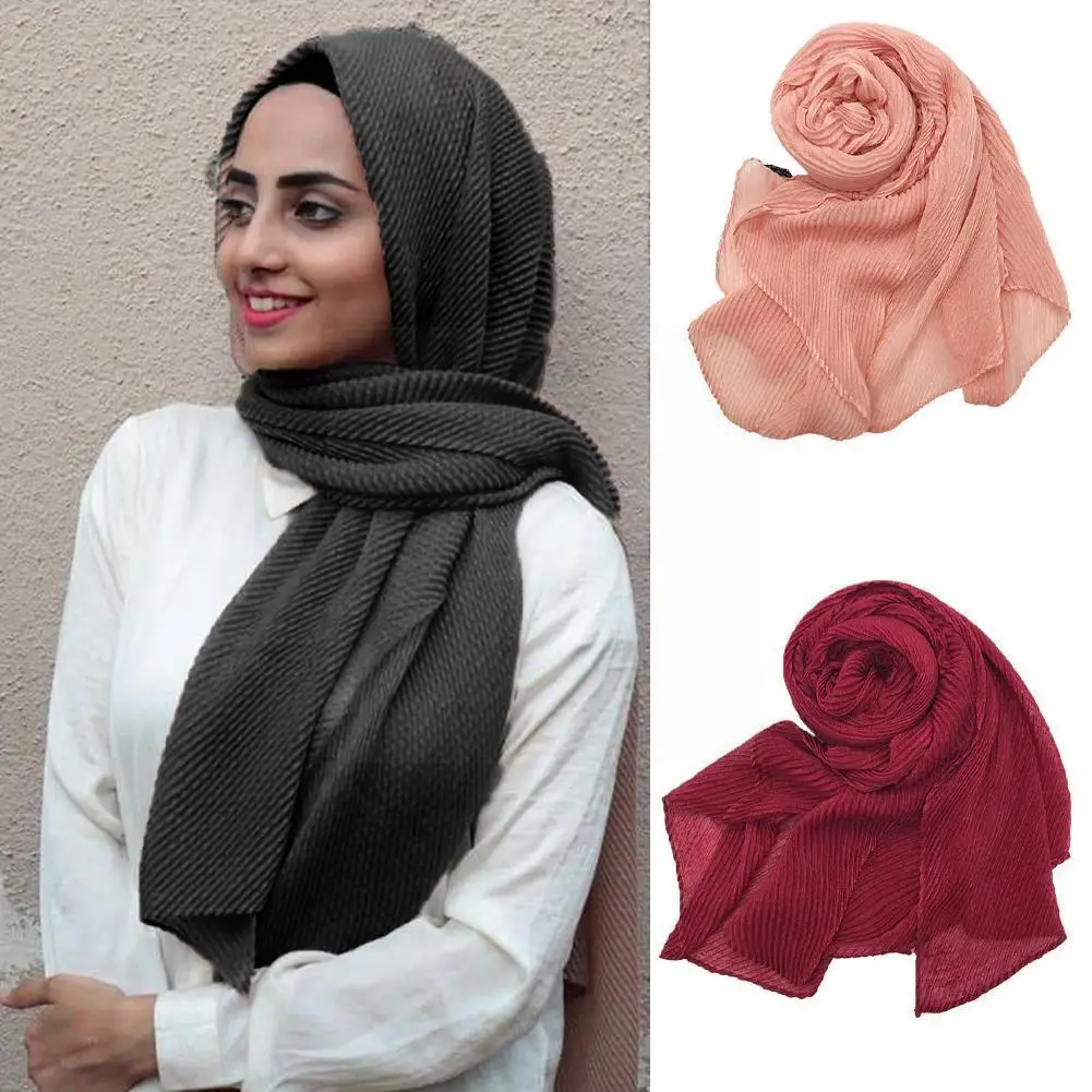 

New Fashion Twill Crumpling Scarf Hijabs For Muslim Women Soild Color Breathable Islamic Scarf Arab Scarves Sc A2s6