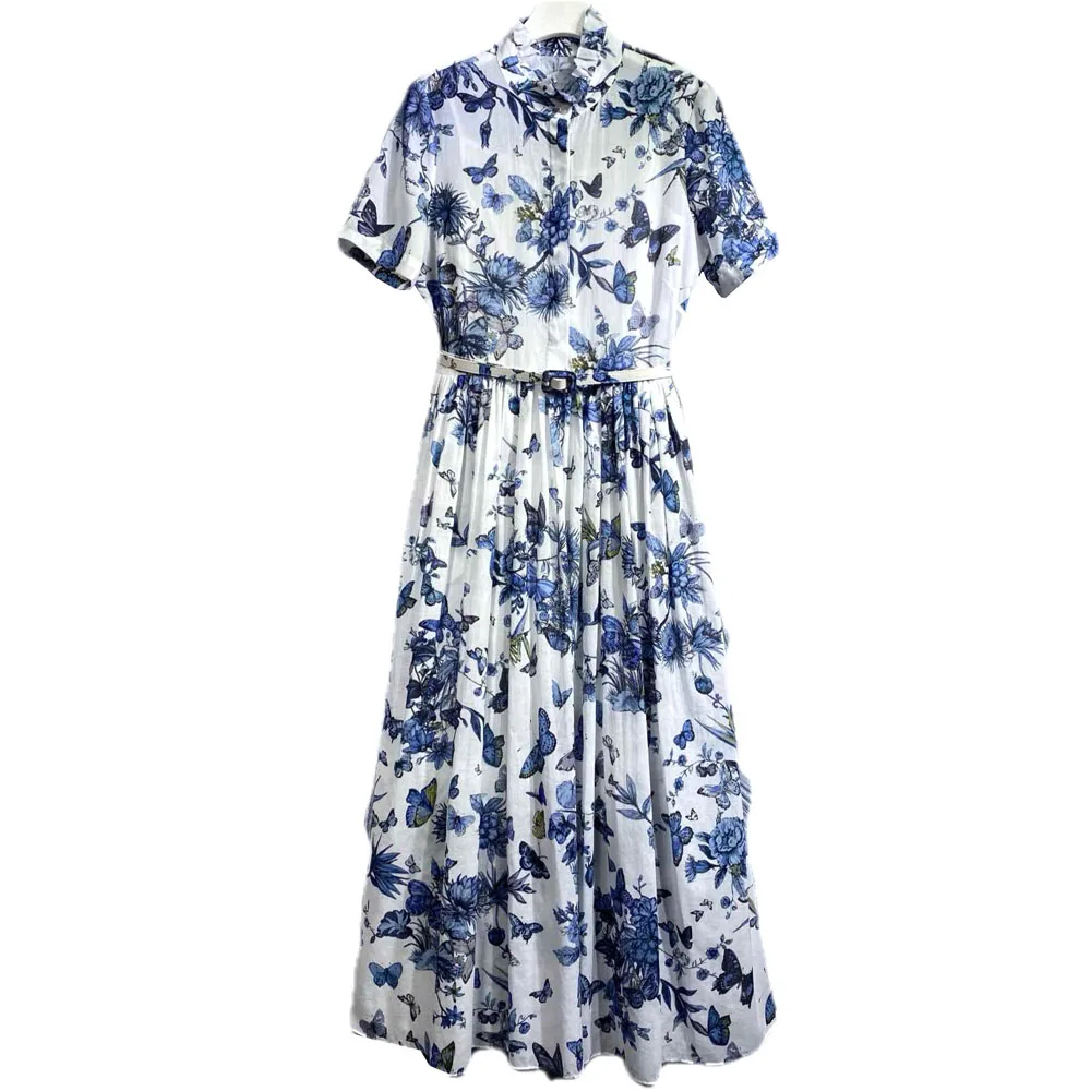 

Spring Summer New Fashion Designer Runway Women Fashion Pure Cotton Dress Floral Print Bohemia Vacation Elegant Long Dresses