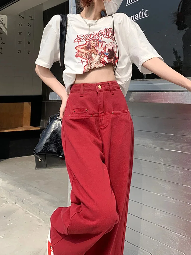 

Женские красные мешковатые джинсы Y2K, базовые Широкие джинсовые брюки большого размера в Корейском стиле, женские американские ретро брюки с высокой талией