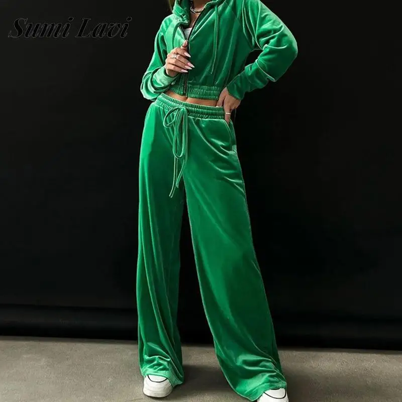 

2023 Fashion Solid Color Wide Leg Pants Sets Casual Long Sleeve Zip Tops Female Suits Autumn Velvet Hooded Jacket Women 2pc Suit
