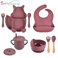 458 pcs baby feeding dishes childrens non slip tableware soft silicone sucker bowl plate cup bibs spoon fork sets bpa free