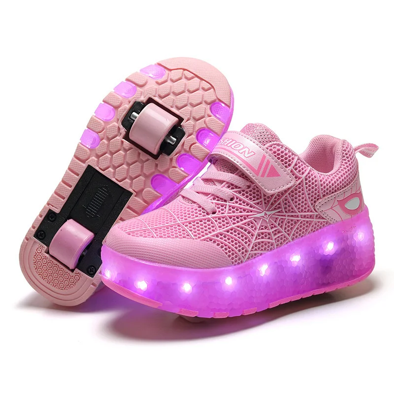 USB Charging Children Luminous Glowing Sneakers Gold Pink Led Light One Two Wheels Roller Skate Shoes Kids Led Shoes Boys Girls