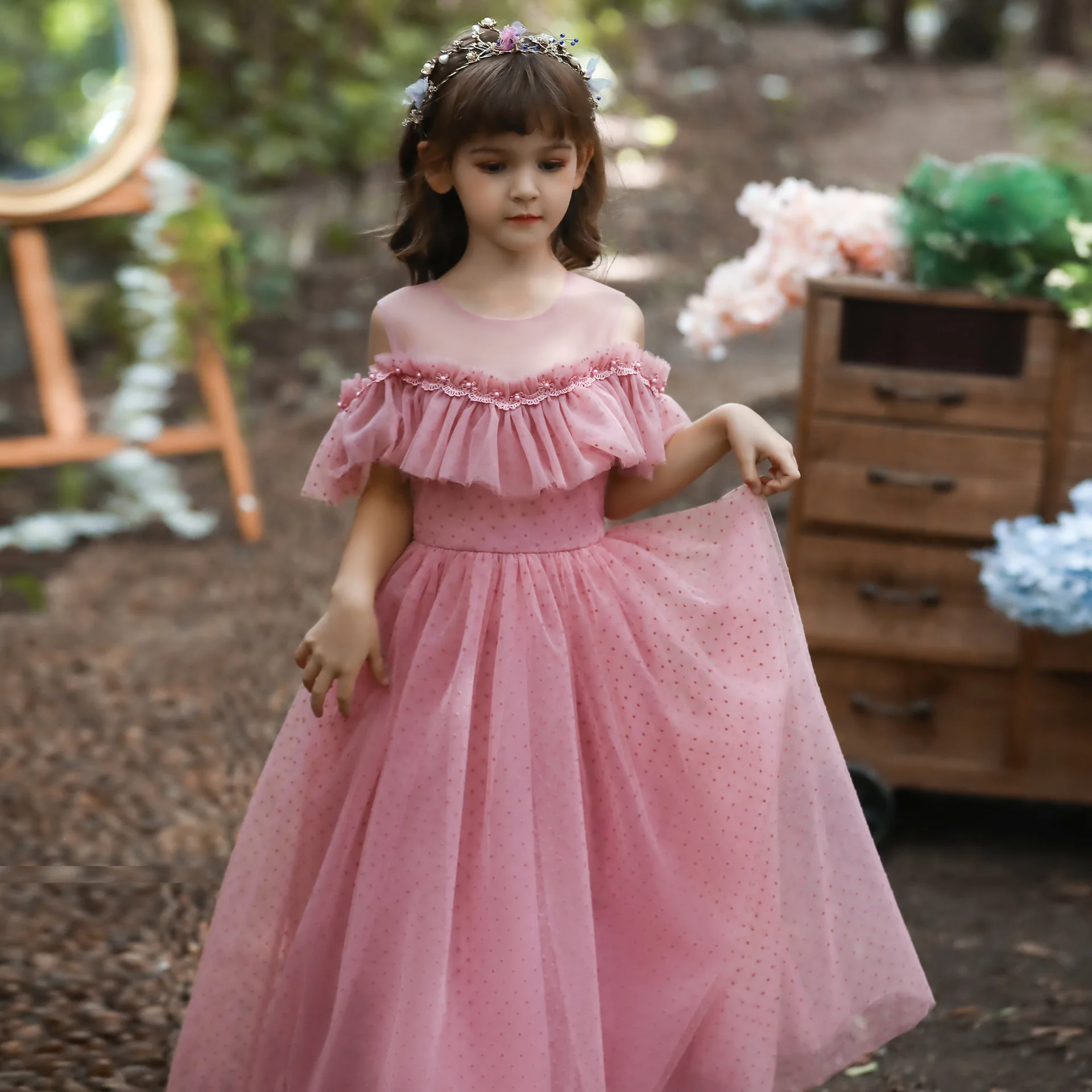 

2022 summer new one-word off-the-shoulder lace mesh princess dress dress long girls dress evening dress children clothes