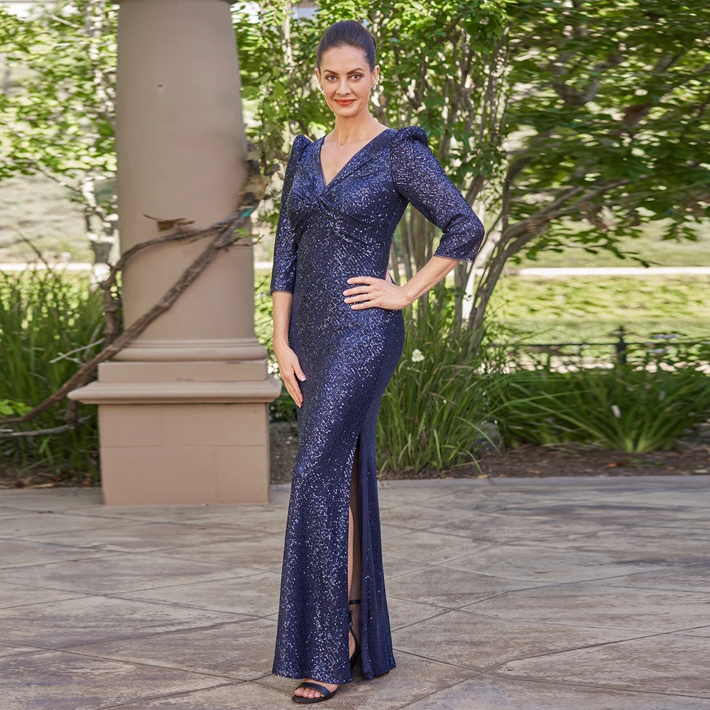 

Glitter Mother of the Bride Dresses V Neck Wedding Party Gowns Sequined Mermaid Floor-Length Side Split Robe De Soirée Femme