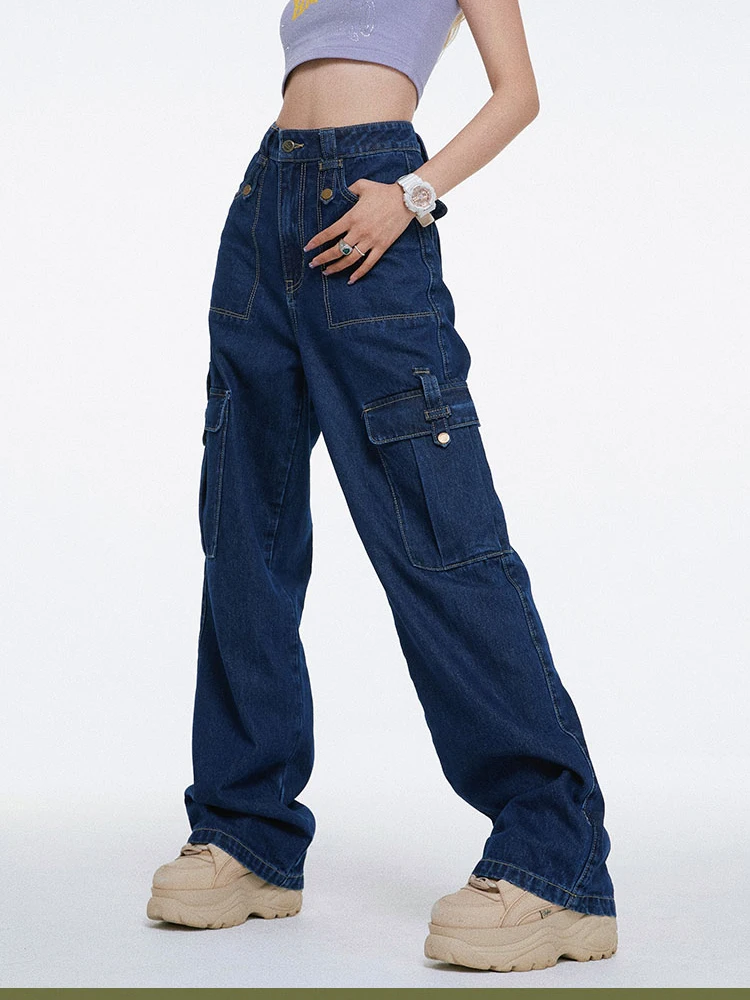 Fashion Streetwear Women Jeans Pocket High Waist Jeans Korean Casual Straight Harajuku Denim Pants Baggy New Cargo Pants