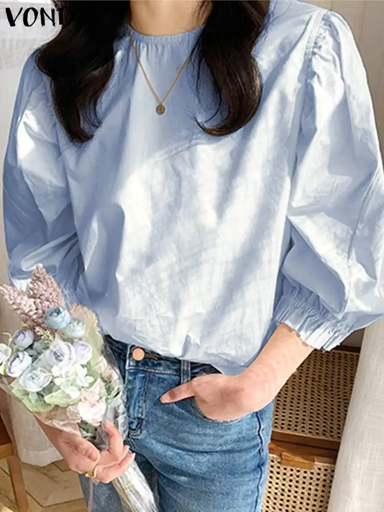 

Женская однотонная блузка с длинным рукавом и круглым вырезом