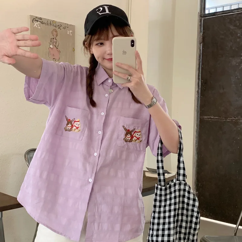 

Женские рубашки DAYIFUN с вышивкой кролика, женская одежда с коротким рукавом, летняя шикарная фиолетовая женская блузка в японском стиле