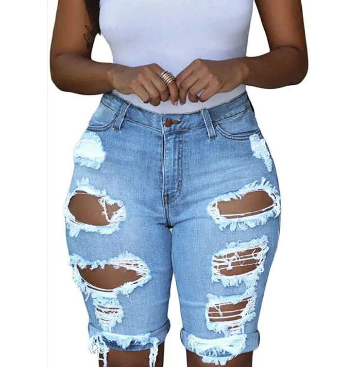 

2022 Hot Sell Weekly Days Wholesale Women Ripped Denim Destroyed Mid Rise Stretchy Bermuda Jeans