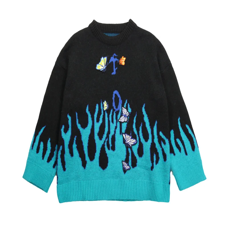 

Autumn Sweater Ins Streetwear Hip Hop Harajuku Flame Butterfly Embroidery Pullover Knitted Loose Round Neck Long Sleeve Sweater
