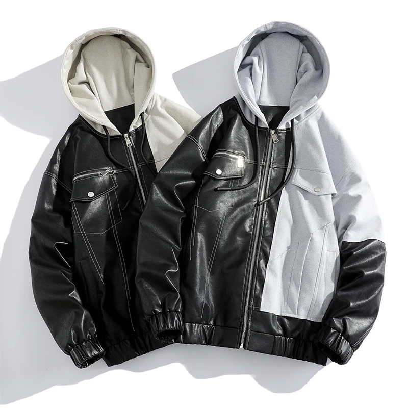 

Faux Leather Patchwork Hooded Jackets for Men Oversized Fall Clothing Bikers Fashion Trends Streetwear Teenage Windbreaker Coats