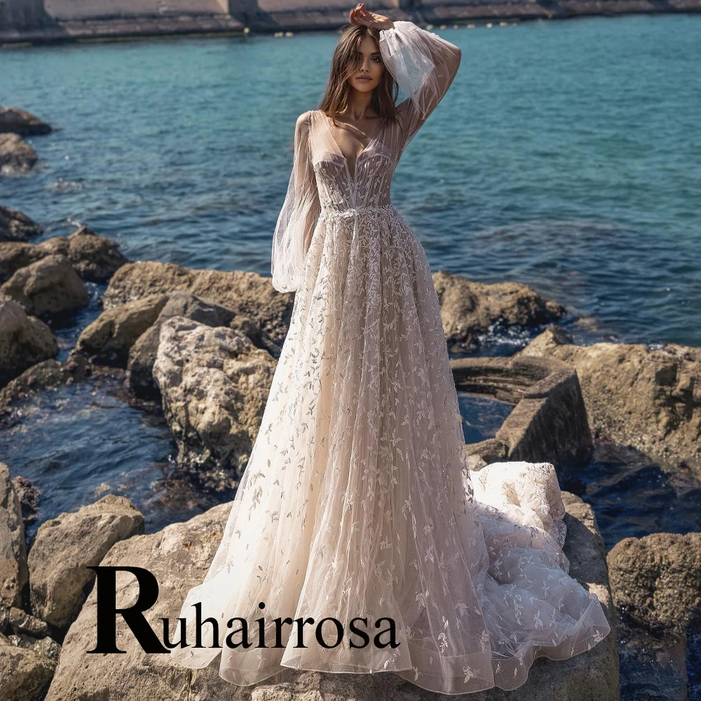 

Ruhair Luxurious Tulle V-Neck Beadings Puffy Sleeves Backless Wedding Dresses Illusion For Bride Custom Made Vestidos De Novia