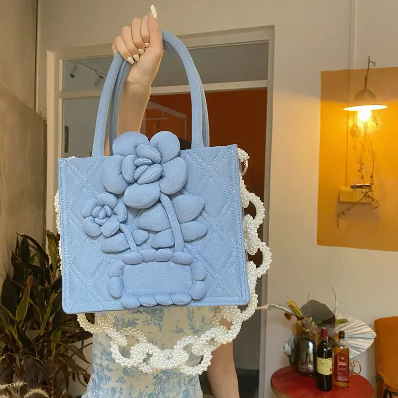 

FIRMRAN Fairy Handmade Pearl Chain Three-Dimensional Cloud Flower Designer Rhombic Shoulder Tote Female Portable Square Bag Chic