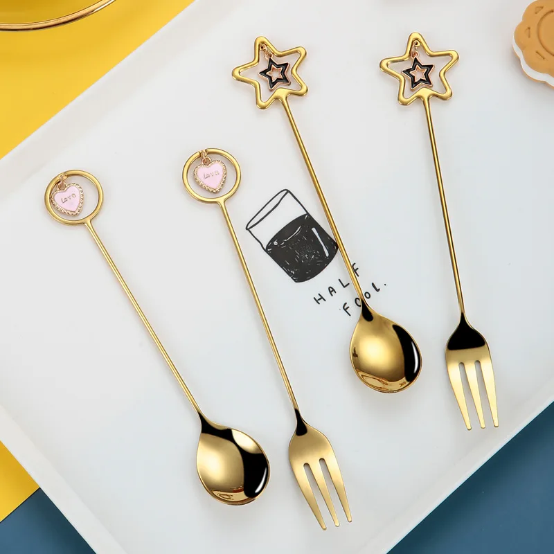

New High Quality Spoon Fork Heart Shaped Coffee Stirring Spoon Dessert Fork Spoon Wedding Birthday Party Gift