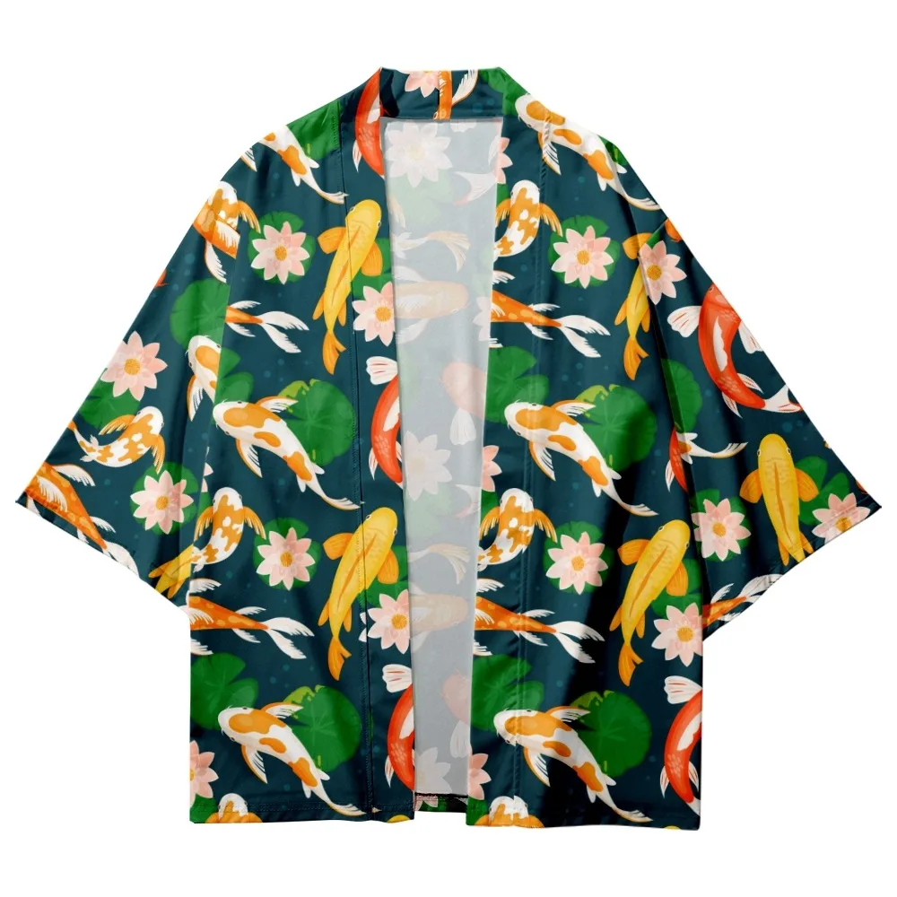 Топы с принтом кои Harajuku Haori Yukata Chinoiserie модное японское кимоно уличная одежда
