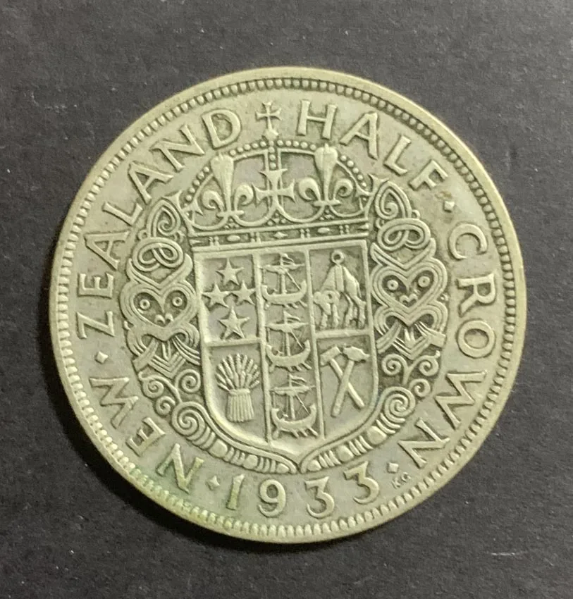 

King George V Серебряная монета, Новая Зеландия, 1933, половина короны, серебряная монета 32 мм, 14,14 г, 50% м, 100% оригинал