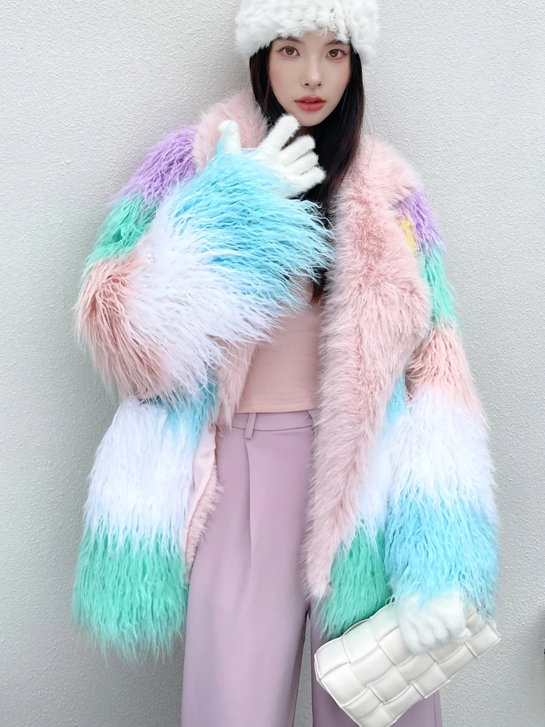 Streetwear Woman Colored Mosaic Fur Coat 2023 Autumn and Winter New High-end Suit Collar Imitation Mid-Length Fur Jacket Femme