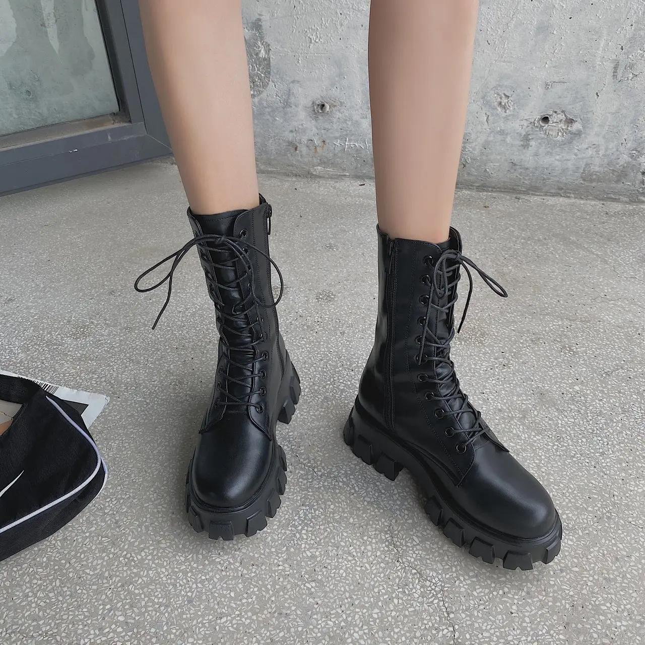 Women Motorcycle Boots Wedges Flat Shoes Woman Spring High Heel Platform Leather Combat Boots Lace Up Shoes Black Girls Platform