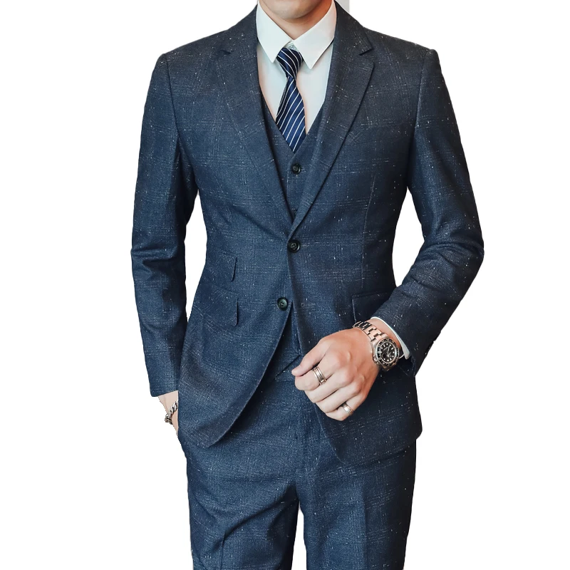 

( Jacket + Vest + Pants ) Groom Wedding Dress Boutique Fashion Plaid Brand Suit 3 Pcs Set Mens Business Casual Formal Suit Grey