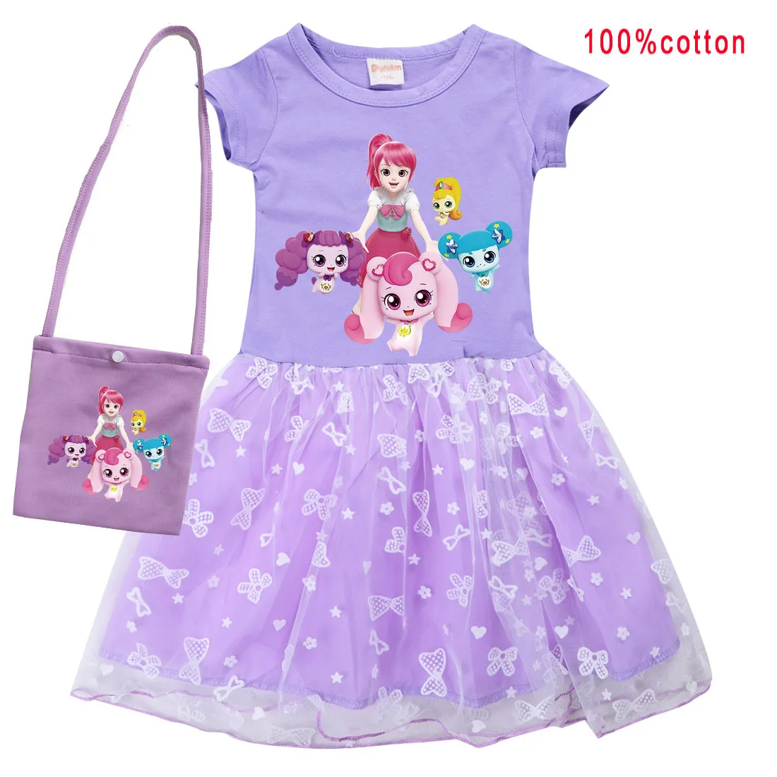 

2023 Summer Korean Anime Catch! Teenieping T Shirt Kids Cotton Splicing Lace Party Princess Dress Baby Girls Mesh Casual Dresses