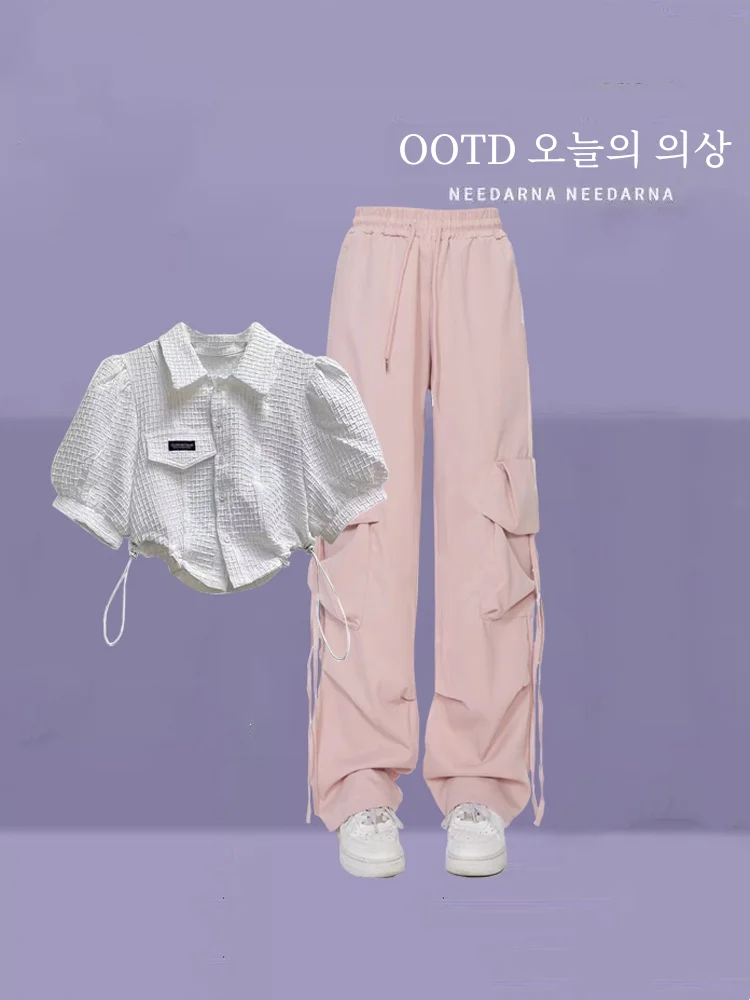 Preppy Sle A and Suit Women's Cargo Pants New Arrival 2025 Summer Shirt Two-piece Set Small Sized Man's Wear