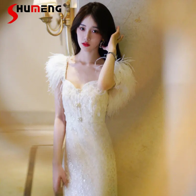 Spring 2023 New Heavy Industry Feather Sequins Sleeveless Vest Dress for Women's Temperament Slim Waist White Party Formal Dress