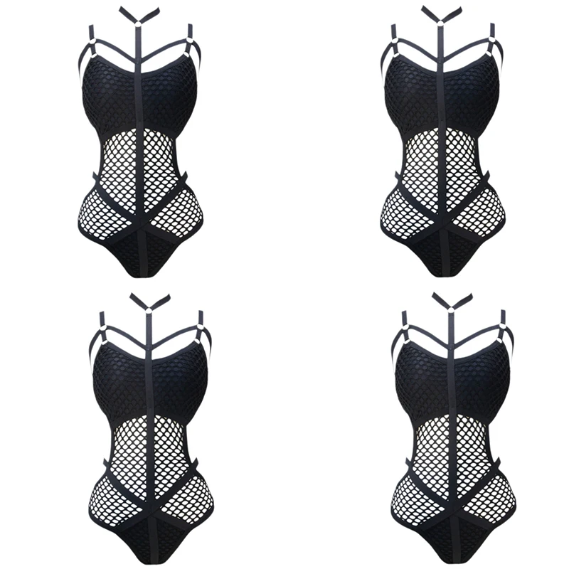 

Black Sheer Knit Net Mesh Women Swimwear One Piece Swimsuit Female Bather Bathing Suit Swim Halter