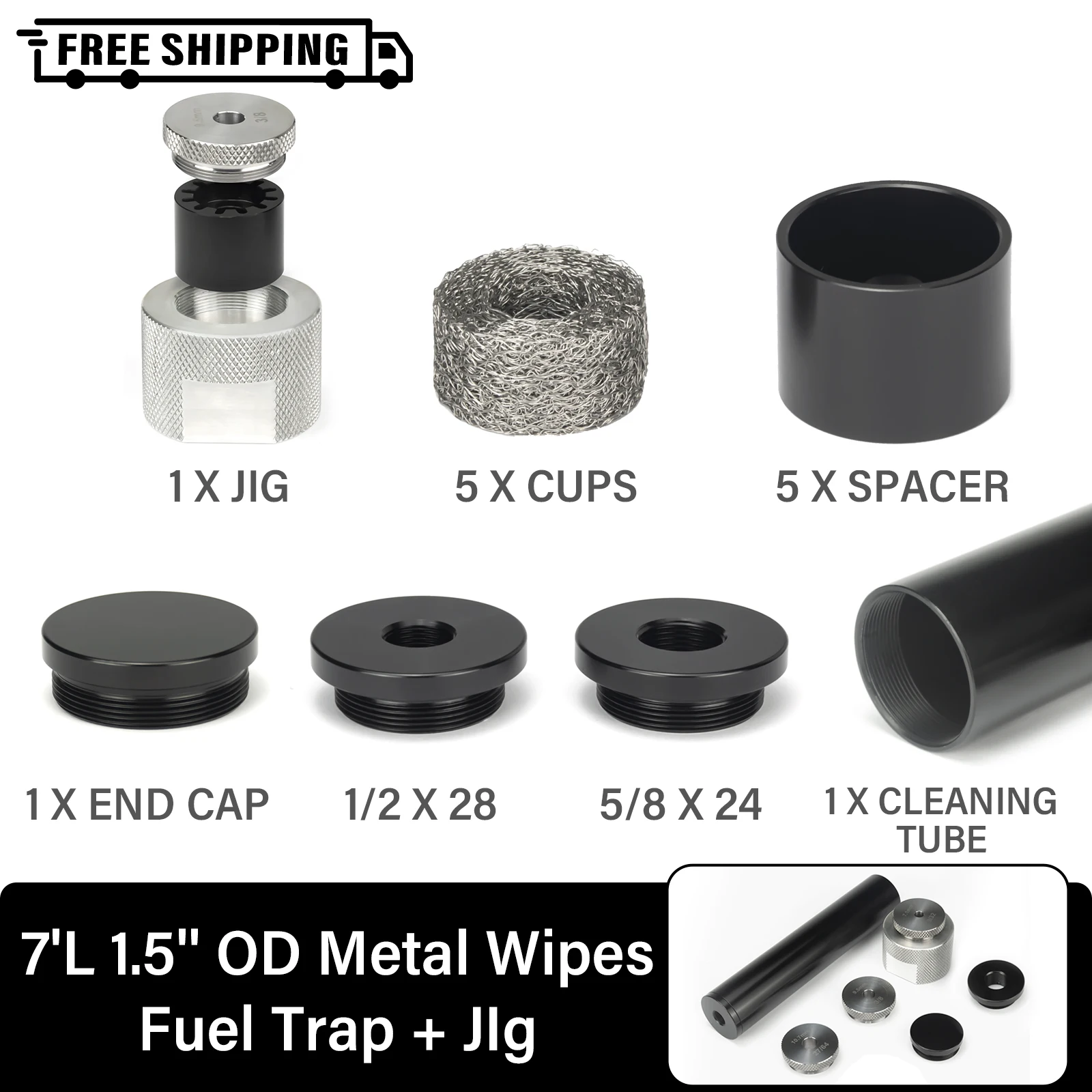 

7.5"L 1.5"OD Aluminum 1/2x28 + 5/8x24 Solvent Fuel Filter Trap1-3/16x24 Thread with 5pcs Metal Mesh and Guide Drilling Jig Kit