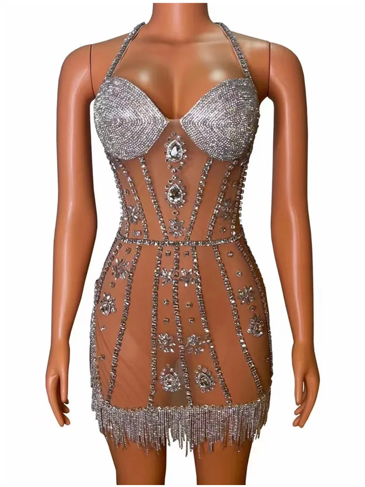 

Glisten Silver Crystals Finges Transparent Dress Rhinestones Chains Outfit Costume Birthday Celebrate Sexy Stage Performance